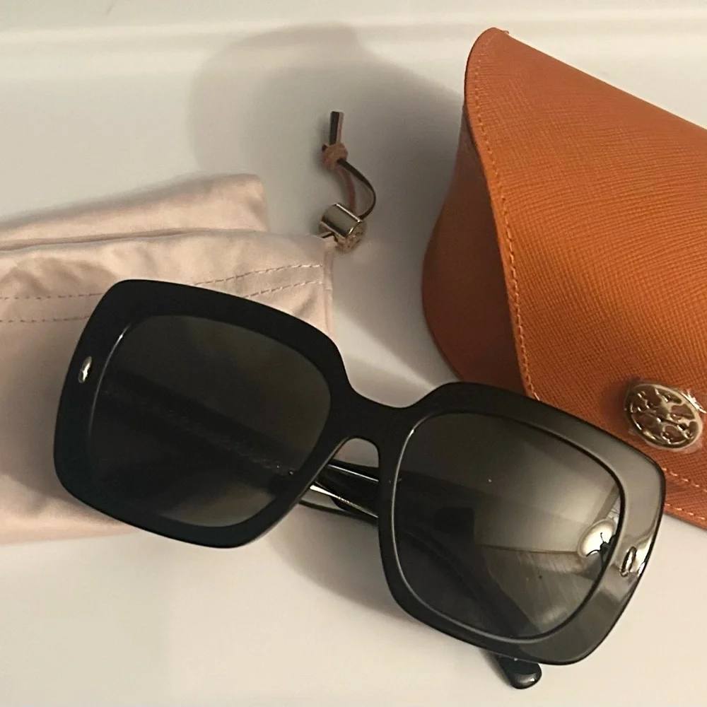 Tory Burch Black Square Sunglasses with Orange Case